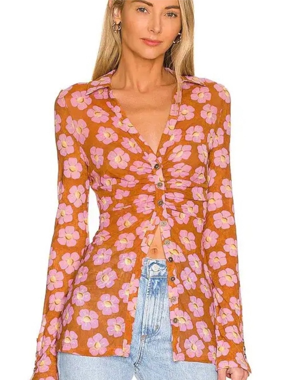 Free People Rust Floral Button-Up Top with Pink Flowers size M